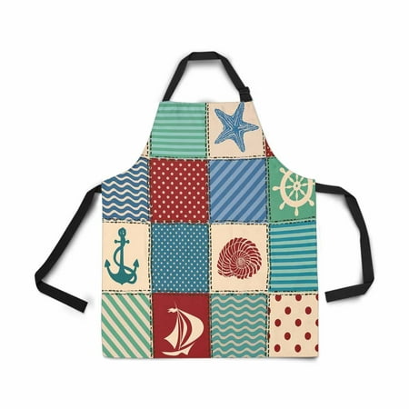 

ASHLEIGH Adjustable Bib Apron for Women Men Girls Chef with Pockets Nautical Patchwork Seashell Starfish Anchor Wheel Crab Novelty Kitchen Apron for Cooking Baking Gardening Grooming Cleaning