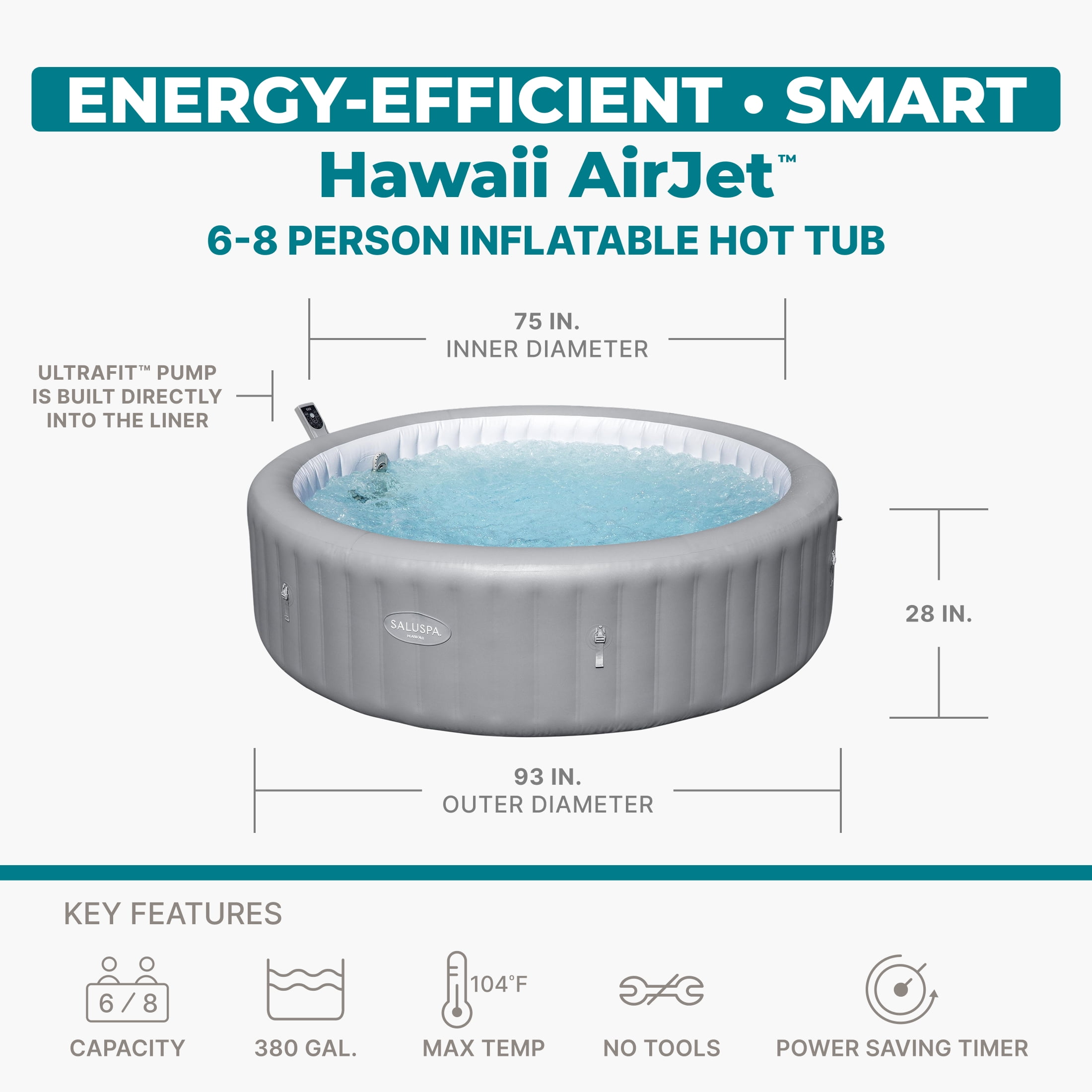 Bestway SaluSpa Hawaii 6-8 Person Inflatable Hot Tub, Round Energy-Efficient Spa, 93"x28"