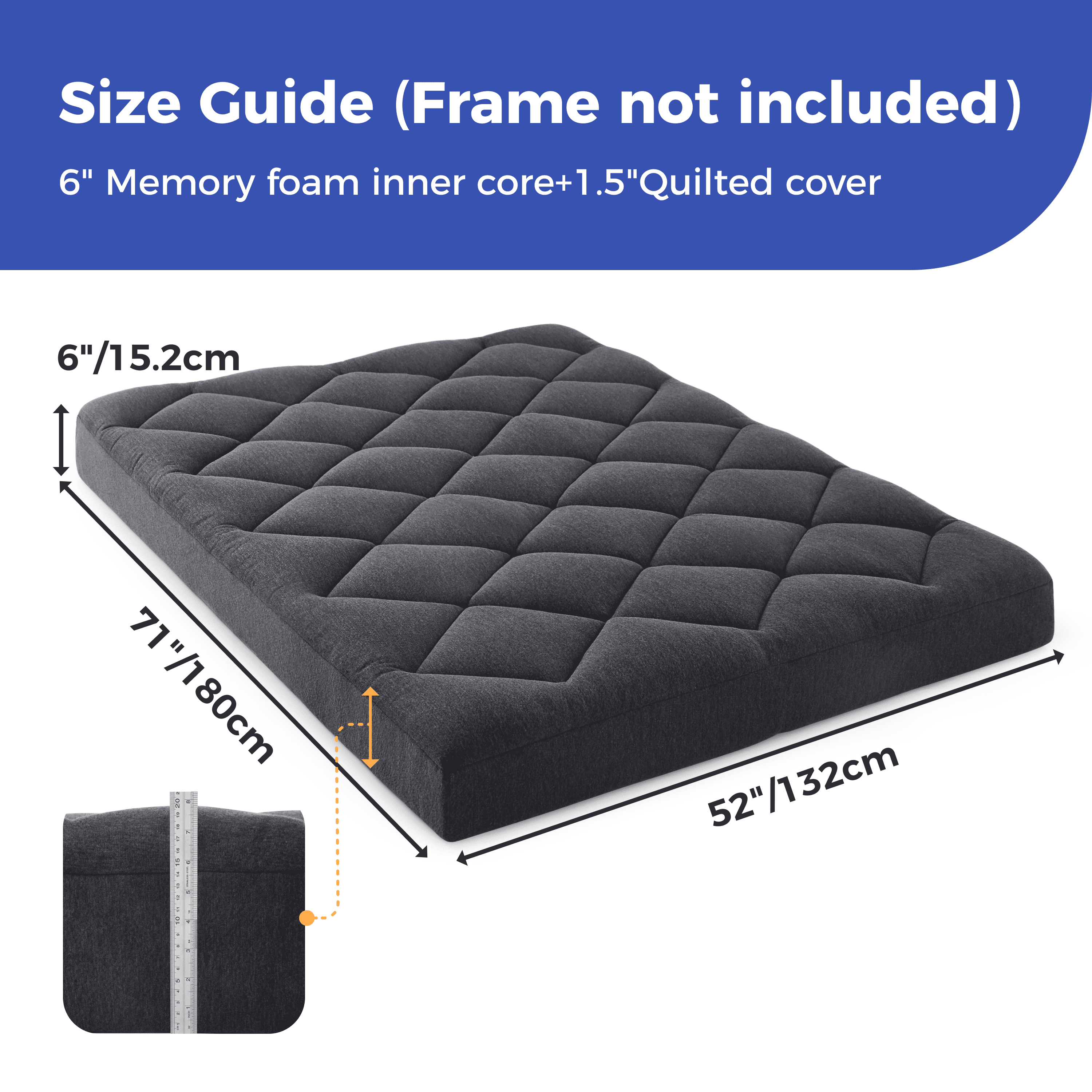 Jamdok 6" Full Size Memory Foam Futon Mattress Replacement (Frame Not Included),Futons Sofa Couch Bed with Thickened Pillowtop Cover, Floor Mattress with Two Types of Firmness, Dark Grey