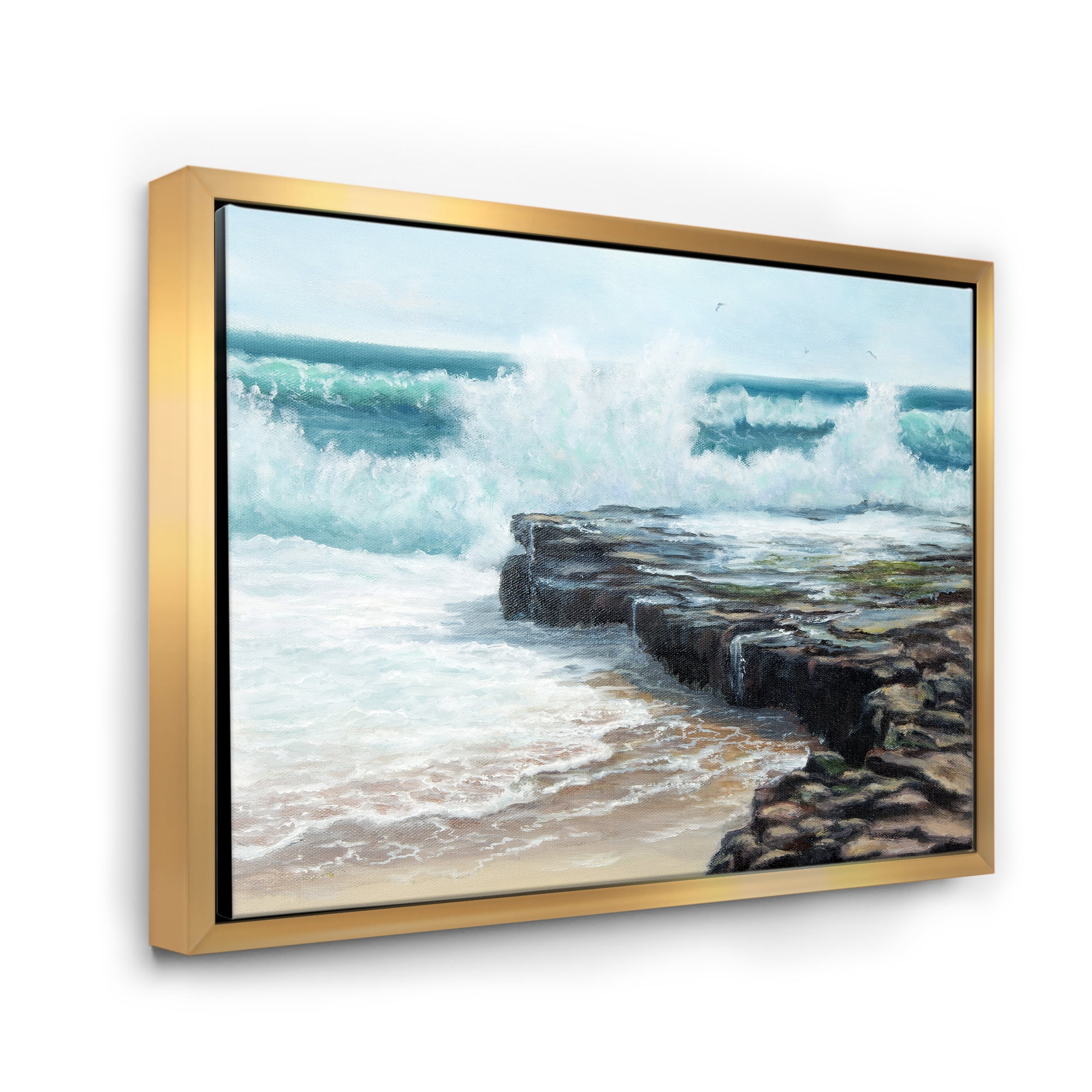 Wild Ocean Waves Breaking On The Shore 32 in x 16 in Framed Painting Canvas Art Print, by Designart