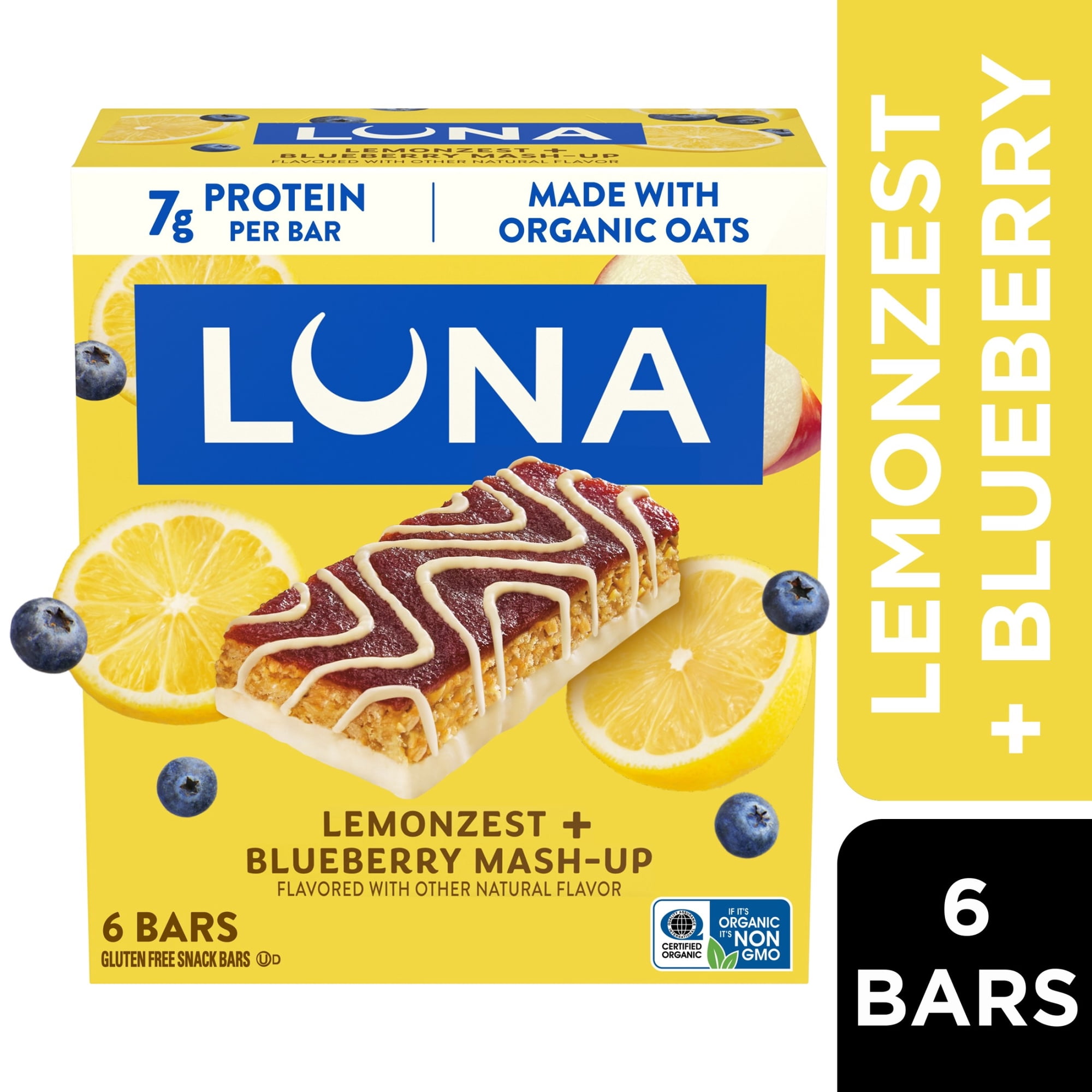 LUNA LemonZest + Blueberry Flavor Gluten Free Snack Bars, Protein Bars, 6 Count