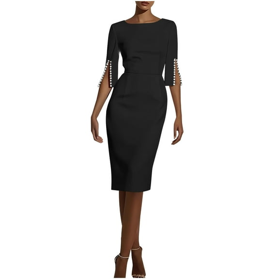 Bodycon Dresses For Women Sevevn Women's Temperament Solid Color Split 3/4 Sleeve Round-Neck Body-Con Pencil Dresses