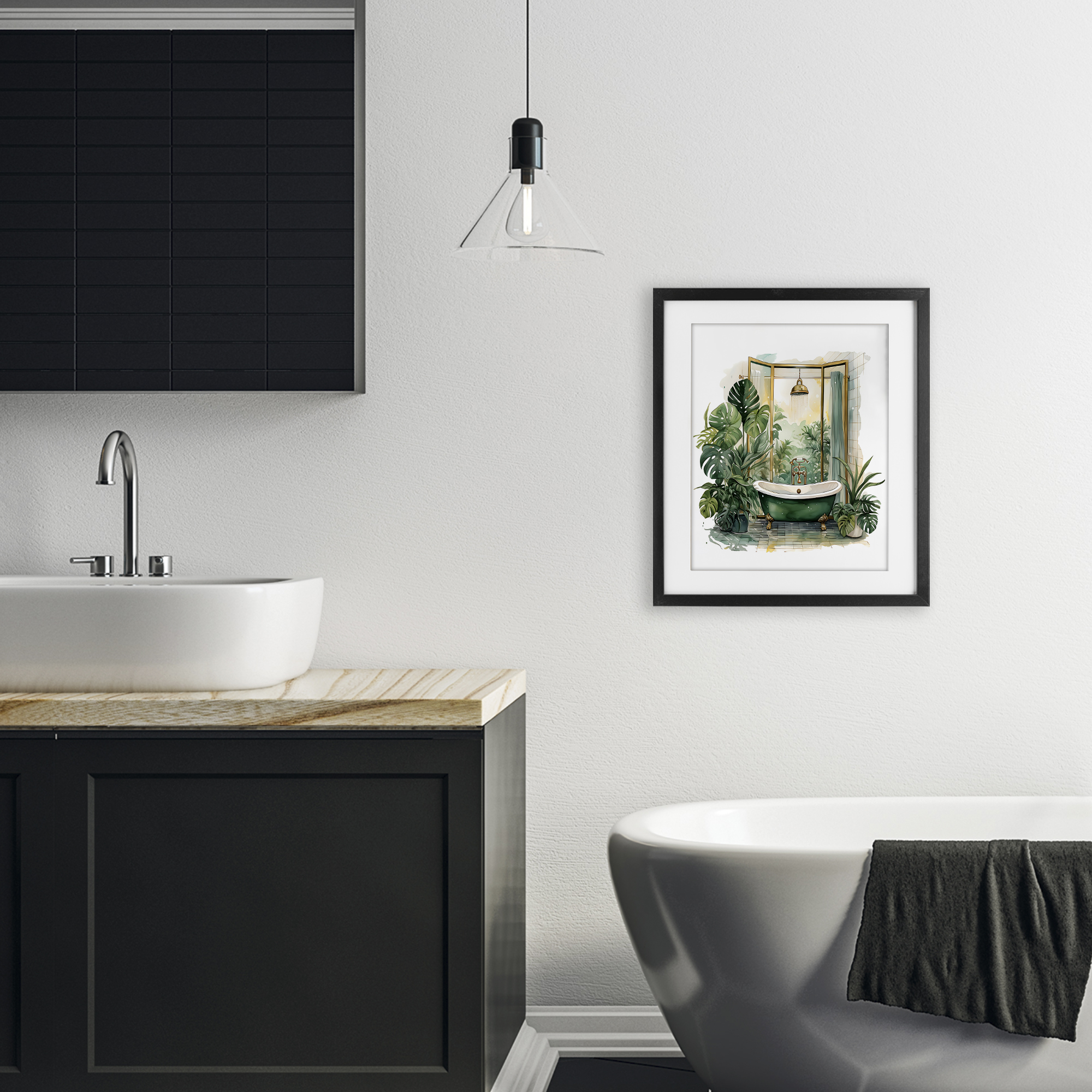 Bathtub in Tropical Oasis Black Framed Print Under Glass, design by Lettered and Lined