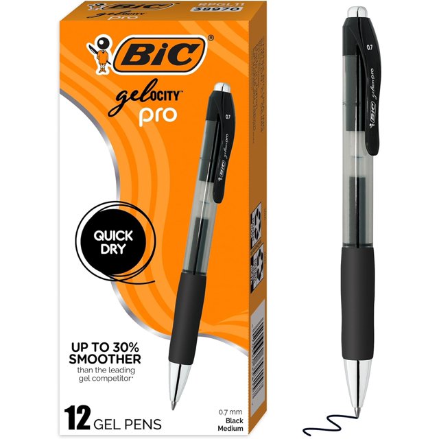 BIC Gelocity Pro Retractable Gel Pen with 0.7 mm Medium Point, 12-Count in Black Ink for Smooth Writing (Black)