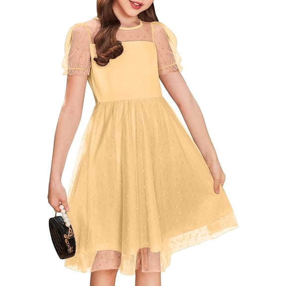 Huowey Toddler Fashion Casual Dresses Polka Dot Short Sleeve Round Neck Mesh Patchwork Puffy Sleeve High Waist Tutu Tulle Dress Party Wedding Party Birthday Sundress For Teens,Yellow,7-8 Years