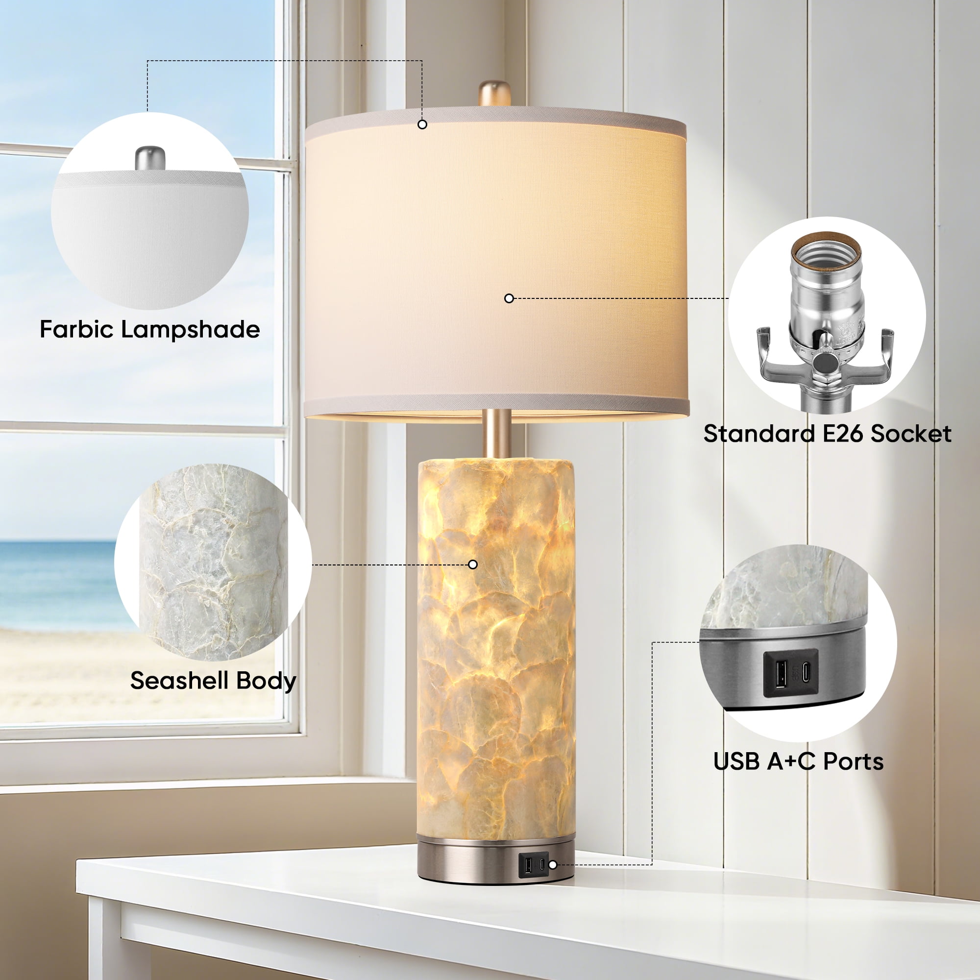 27in Coastal Table Lamps for Living Room Set of 2, Bedside Lamps with Night Light, Seashell Nightstand Lamps for Bedroom and Home Office