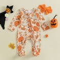 thumbnail image 2 of Mercatoo 𝐍ewborn Baby Halloween Pumpkin Jumpsuit Set with Headband Boys Girls Zipper Romper Cute Footless Birthday Bodysuit, 2 of 5