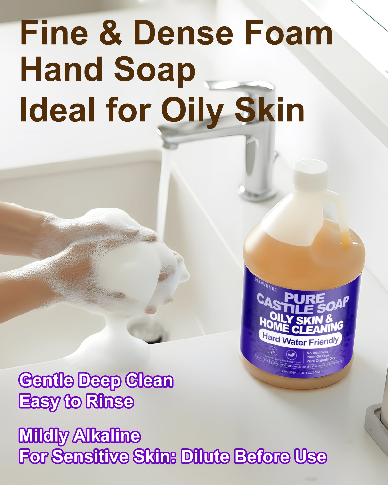 Pure Castile Soap Liquid Lavender 1 Gallon (128 fl oz) Refill – Natural Organic Body Wash, Hard Water Friendly Bath Soap Liquid for Oily Skin,Body,Face, Laundry & Home Cleaning