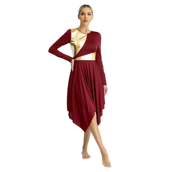 Kaerm Women Praise Dance Outfit Metallic Color Block Worship Dance Dress With Pants Liturgical Dancewear Burgundy S