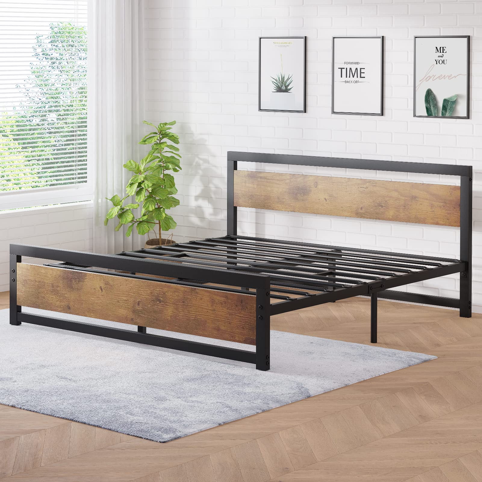 King Size Bed Frame with Wooden Headboard and Footboard, Metal King Bed Platform No Box Spring Needed, 14 inch Easy to Assemble Noise Free King Bed Frame, Rustic Brown