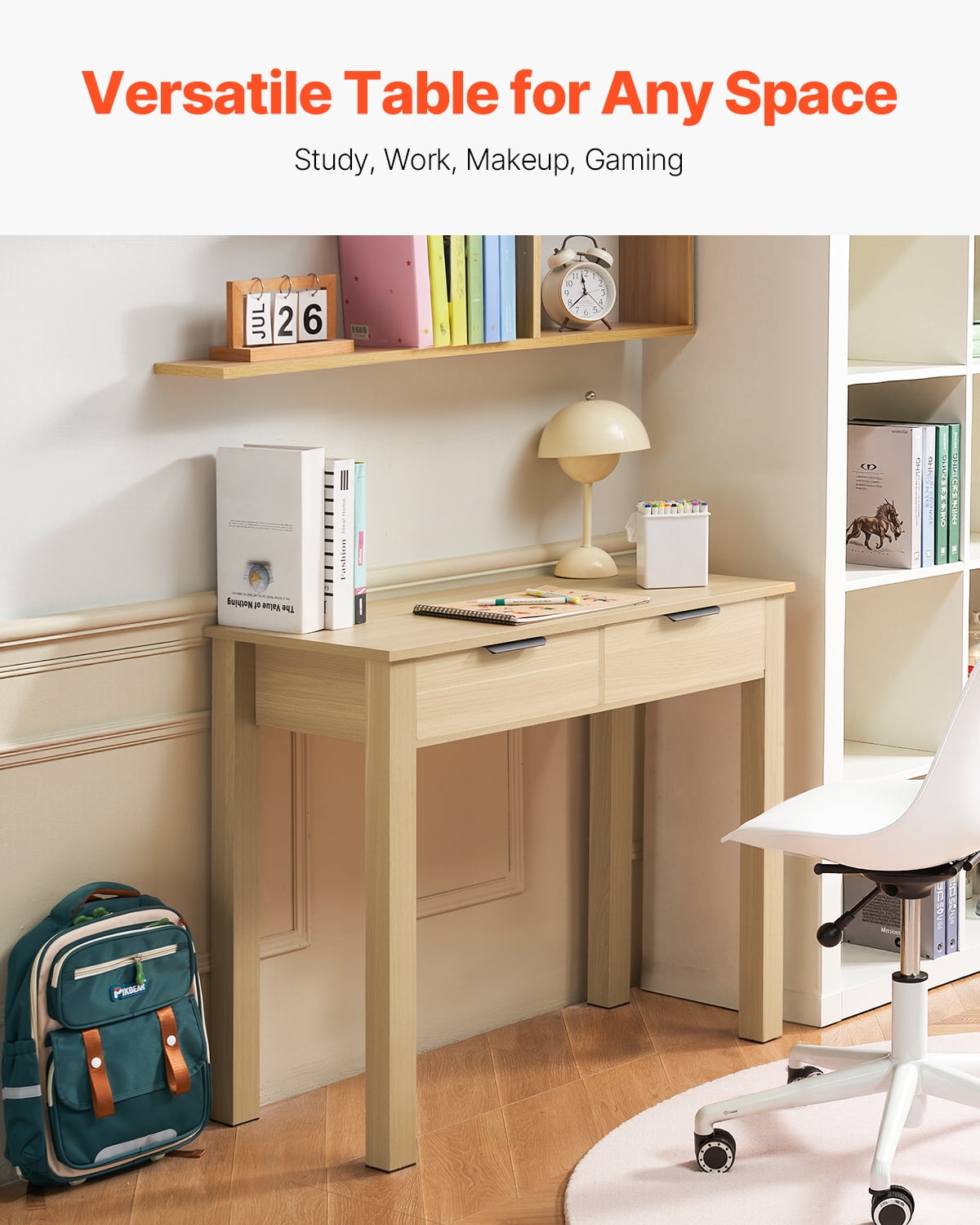 KFFKFF Study Desk with Storage, Kid's Desk Made of High Quality MDF Board, Small Desk with 2 Drawers for Studying, Reading, Painting, Contemporary Minimalist Style Desk