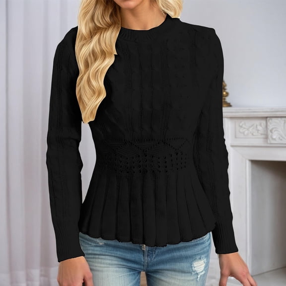 JIAYUE Knitwear For Women Solid Color Long Sleeve Crew Neck Slim Peplum Hem Sweater with Eyelet Detailing Pullover For Ladies Stylish Dailywear