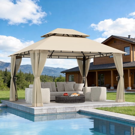 LazySunsets 12'x 10' Patio Gazebo Double Roof Protection All-Weather Outdoor Shelter Features Insect Screens for Backyard, Lawn, (Beige)