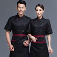 thumbnail image 3 of Chef Uniform Short Sleeve Kitchen Apron Double-breasted Suits Comfortable Stitching Shirts for Men Simple Style for Coffee Bar Black L, 3 of 6