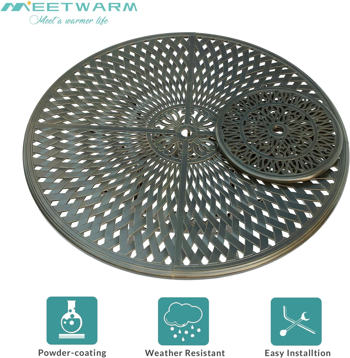 MEETWARM Outdoor 61" Round Patio Dining Table with Detachable Lazy Susan, All Weather Cast Aluminum Large Patio Furniture Table Set for 8 Seat with 24" Rotating Tray, Umbrella Hole, Dark Bronze
