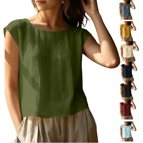 hoksml Women's Cotton Linen Cap Sleeve Top, Round Neck Casual Blouse, Loose Fit Summer Daily Office Wear Shirt