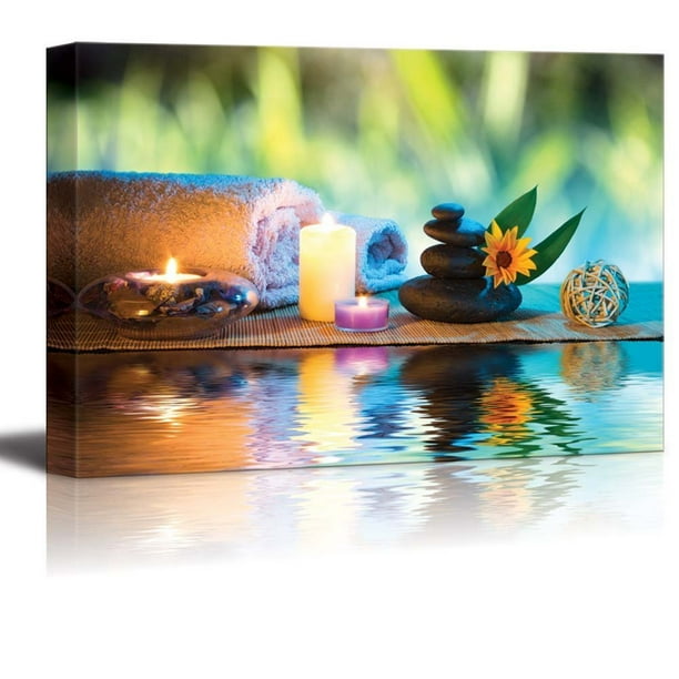 Canvas Prints Wall Art Three Candles And Towels With Black Zen Stones And Orange Daisy On Water Spa Wellness Beauty Concept Modern Wall Decor 16 X 24 Walmart Com Walmart Com