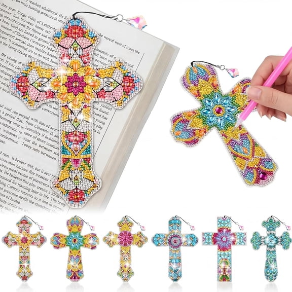 CCOCC 6 Pcs Religious Diamond Art Kits for Adults, Cross 5D Diamond Art Bookmarks DIY Painting Kit, Christmas Gifts, Crystal Cross Diamond Keychain for Reading Lover Home Office DIY Crafts, 6 Styles