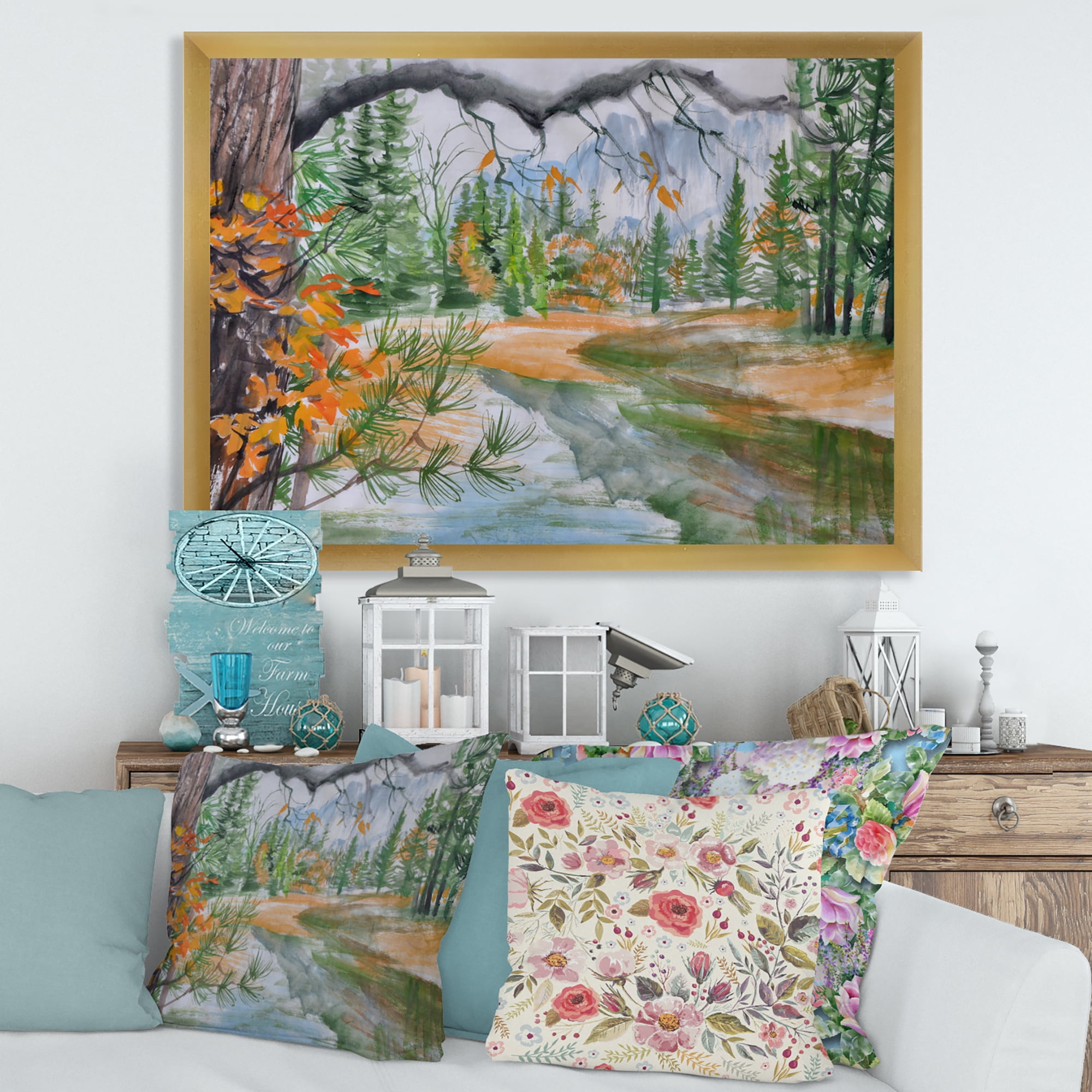 Designart 'Trees With River In Autumn Forest' Lake House Framed Art Print