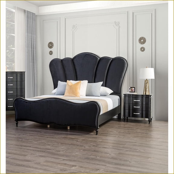 Bedroom Furniture Set 3pc Queen with 2 Nightstands, Glam Black Fabric Padded Headboard | Black | Solid Wood, Fabric