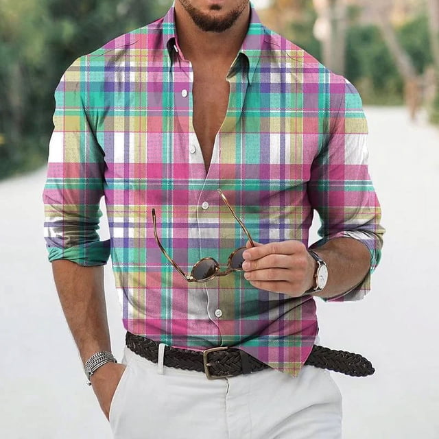 Camisa de hombre con solapa de manga larga a rayas con costuras a cuadros irregulares, moda deportiva, ocio, calle, exterior, tela de alta calidad