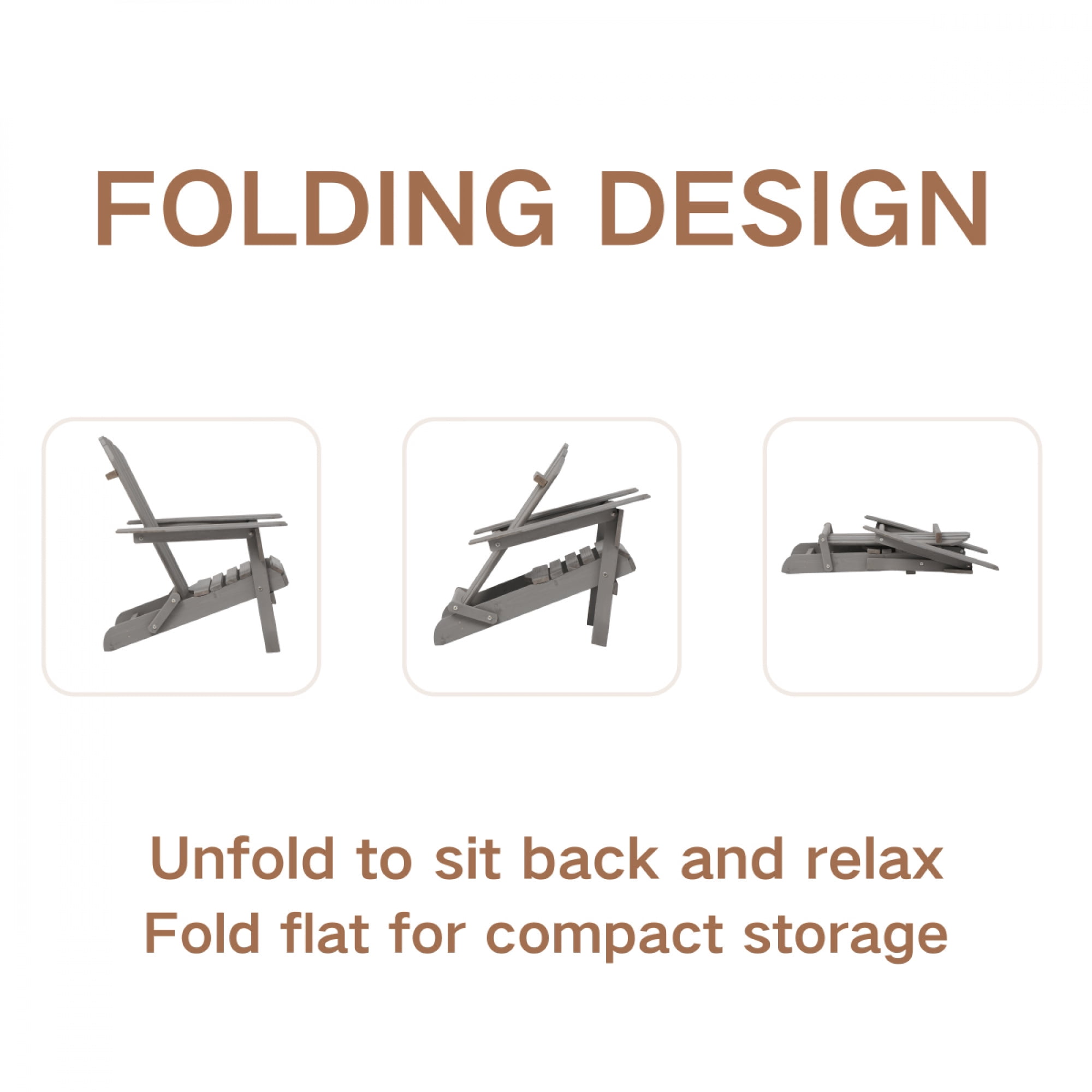 Set of 2 Outdoor Wooden Folding Adirondack Chairs with Pre-Assembled Backrest, Patio Fire Pit Chairs for Backyard, Porch, Poolside & Deck,Grey