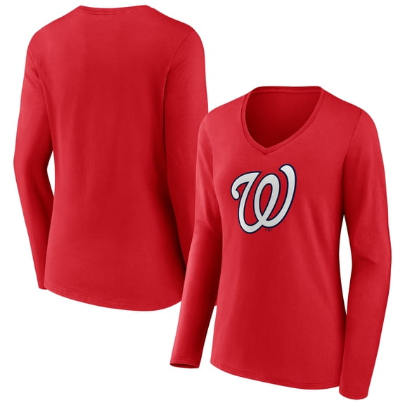 Women's Red Washington Nationals Official Logo Long Sleeve V-Neck T-Shirt