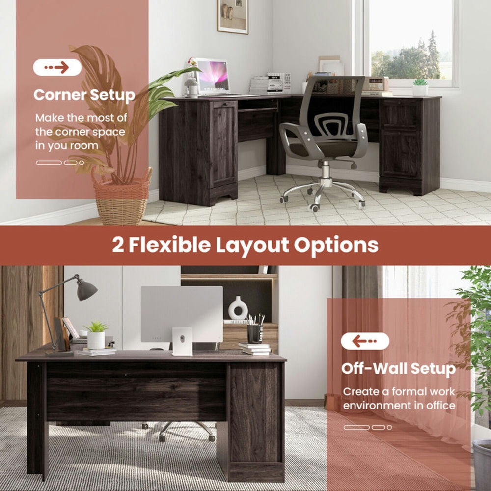 Demi Bonn L-Shaped Office Desk with Storage Drawers and Keyboard Tray, Small Home Computer Desk Study Writing Table, Dark Brown