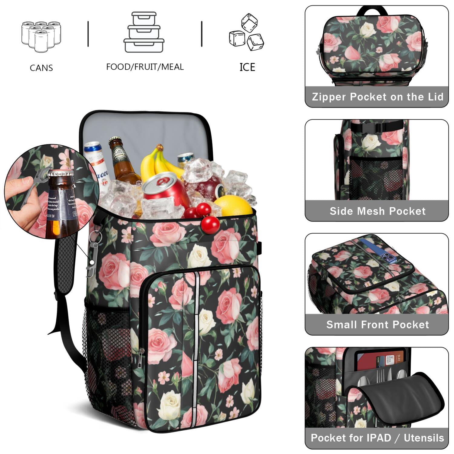 Travel Cooler Bag - Pioneer Flower Camping Beer Cooler Backpack with Bottle Opener- Waterproof Insulated Picnic Backpacks - Cooler Bag for Beach
