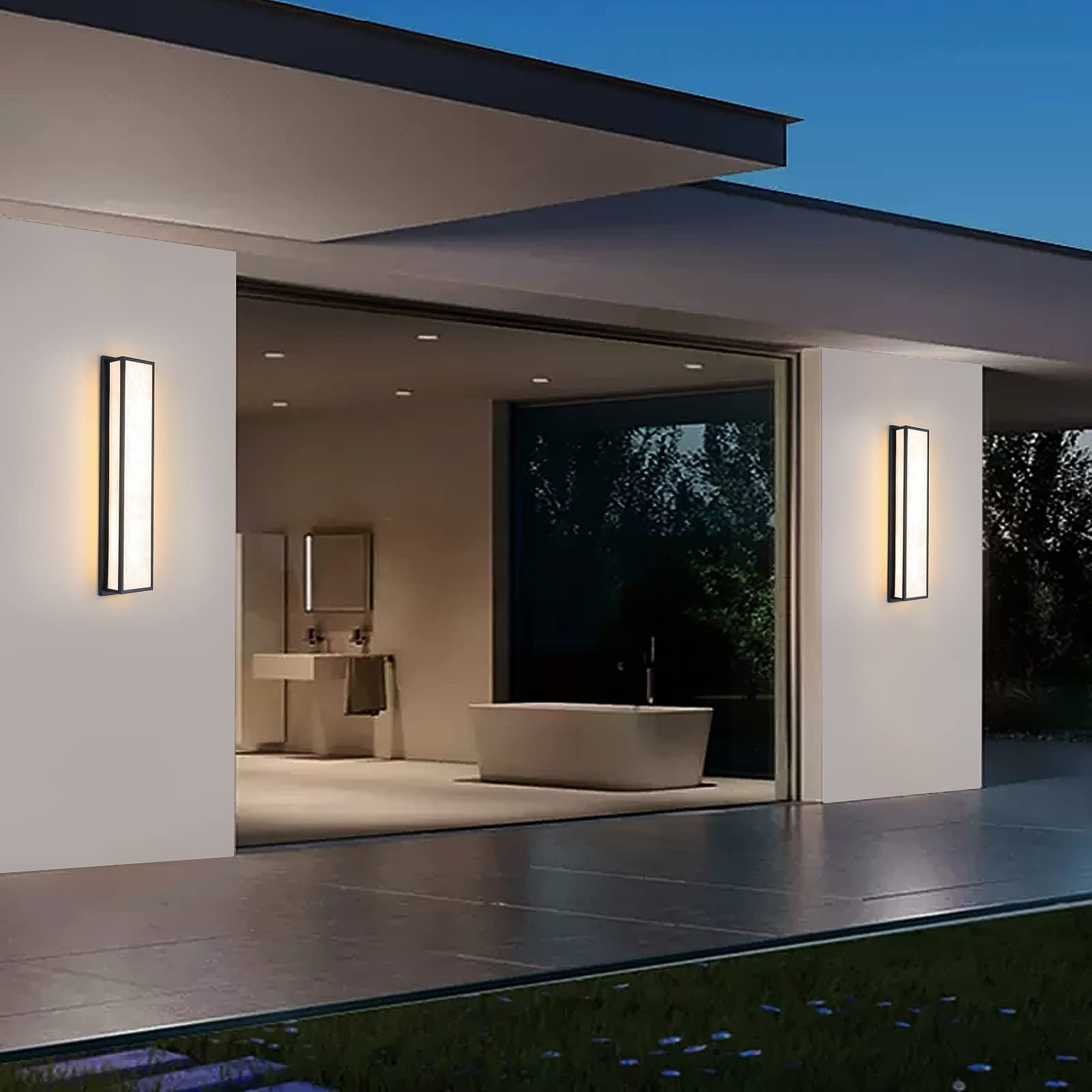Outdoor Wall Sconce 24W Modern Wall Lights Rectangle Exterior Light Fixture Black LED Porch Lighting with Marble Texture Resin Lampshade Wall Lamp IP65 for Indoor,Patio,Garage,Courtyard(32.6in)