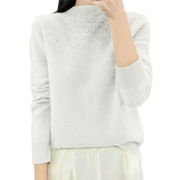 Fiaer Women Pullover Sweaters Crew Neck Hollow out Long Sleeve Solid Color Loose Fit Casual Trendy Knit Tops White XL