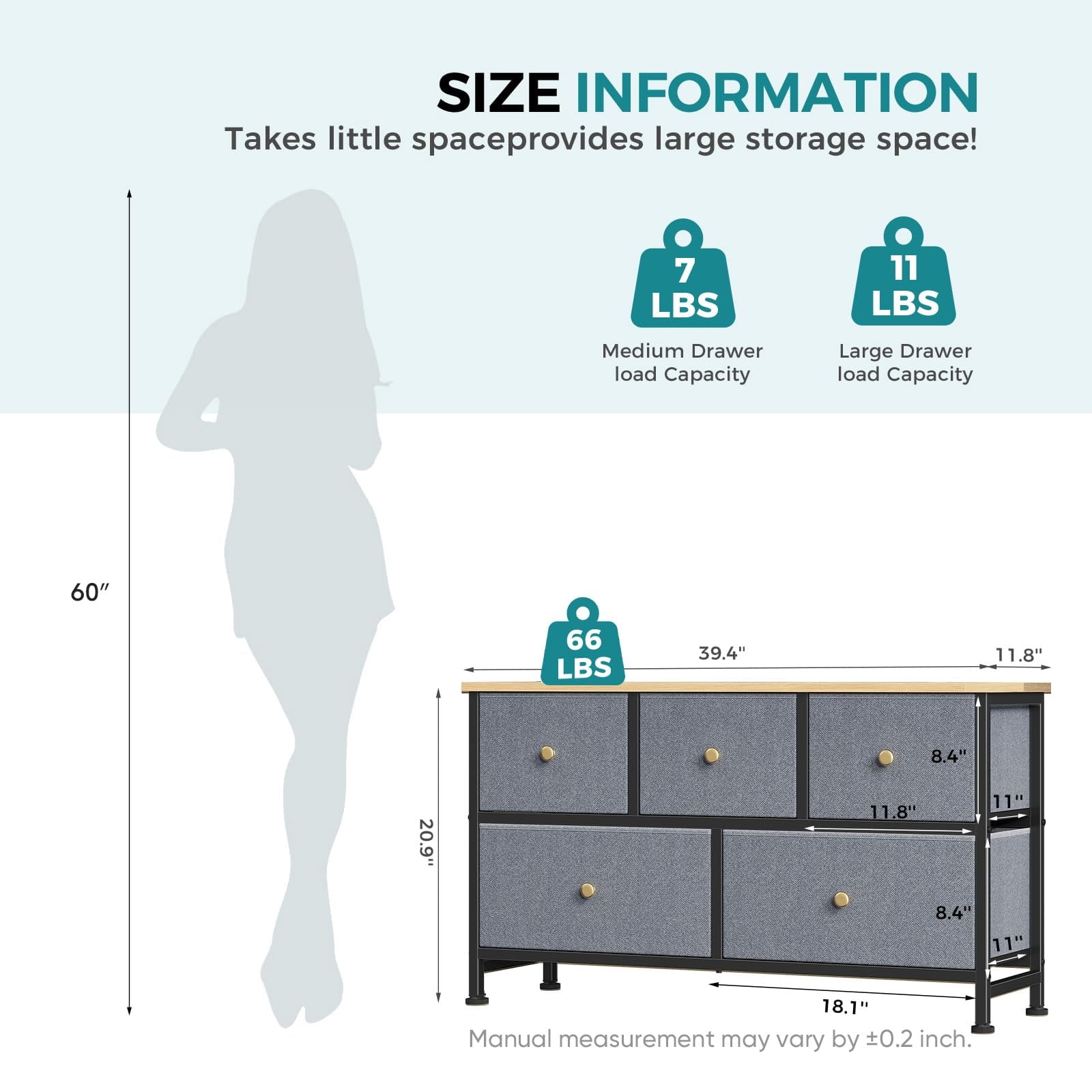 Telyra 5-Drawer Fabric Dresser TV Stand Organizer with Wood Top and Metal Frame, Greyish Blue