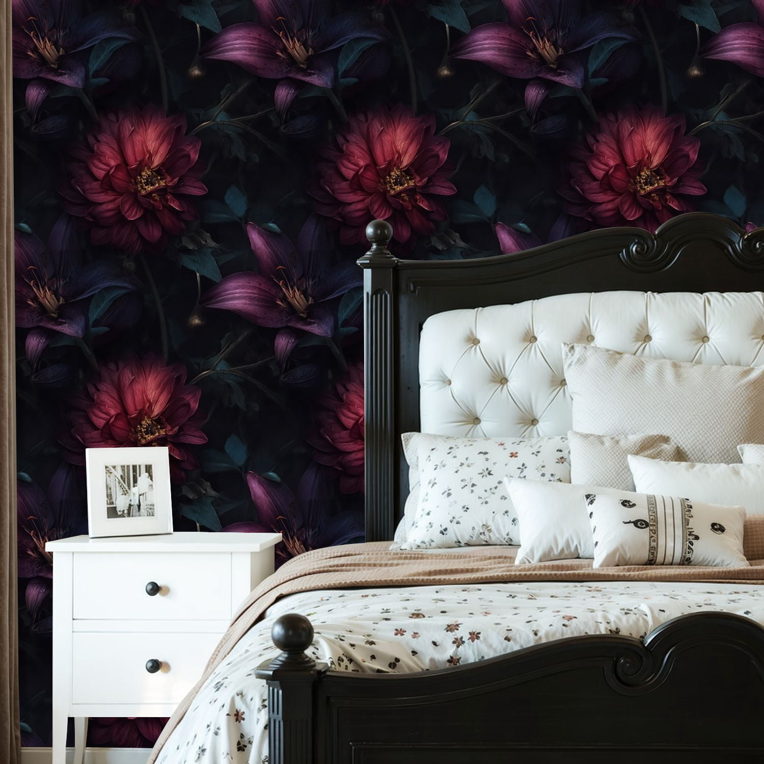 Peel and Stick Wallpaper Dark Floral Bloom Deep Red Petals Moody Botanical Wall Mural 23.6in x 9.8ft Self Adhesive Removable Wall Paper Renter Friendly Wallpaper for Bedroom