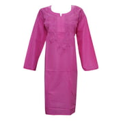 Mogul Womans Cotton Tunic Indian Kurti Pink Floral Embroidered Kurta Caftan Dress