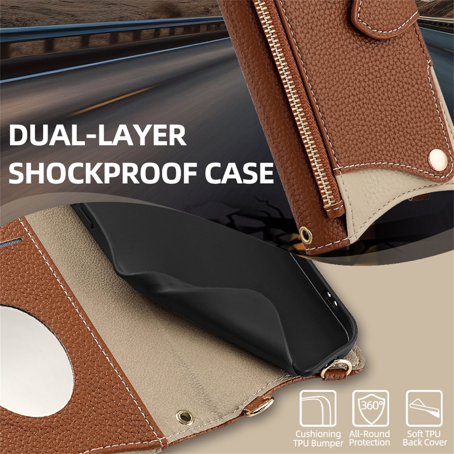 Allytechgroup Flip Wallet Phone Case for Samsung Galaxy A17 5G with Credit Card Slot, Shoulder Strap PU Leather Zipper Wallet Phone Case Shockproof Full Body Cover Rugged for Women Girls, Brown