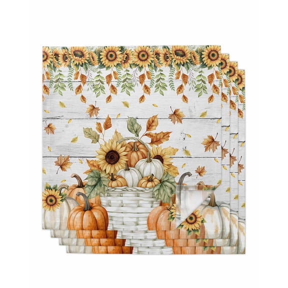 Orange Pumpkins Fall Cloth Napkins Set of 4 Reusable Dinner Napkins, Sunflower Thanksgiving Leaves Wooden Cocktail Napkin Washable Table Napkins for Wedding/Holiday Party/Baby Shower 20"x20"