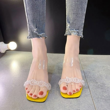 

Aoujea Summer Sandals For Women 2023 With Sheer Chunky Heels and Flip-flops Yellow 6.5 for Party Vacation Beach Great Gifts for Girls Cost Saving