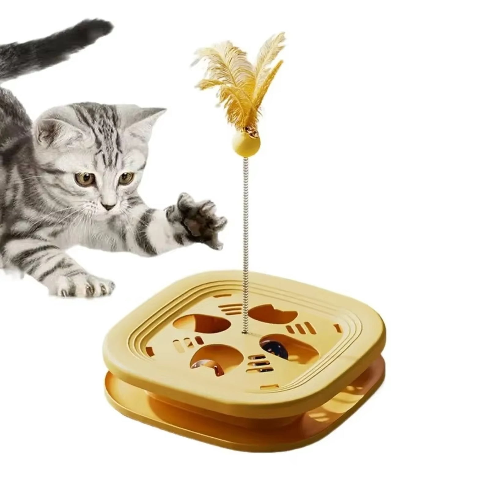 13.39Inch Interactive Cat Toy Maze with Ball Track & Spring Feather Teaser, Puzzle Cat Toys for Indoor Cats & Kittens, Self Play Activity Toy for Mental Stimulation