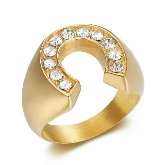 New Cool design golden color Lucky Horseshoe Ring with rhinestone 14K Yellow Gold jewelry horse head Ring Band Finger