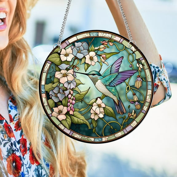 Stained Glass Window Hanging, Green Hummingbird Sun Catcher for Door Home Decor, Birds Suncatcher Christmas Mother's Day Birthday Gifts for Bird Lovers Women Men Mom and Nana 6.3 in(Sky Blue - Small)
