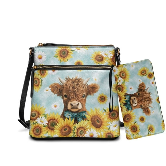ZUXONGSY Highland Cow Sunflower Daisy Flower Print Women's PU Leather Crossbody Bag & Wallet Set, Large Satchel Hobo Purse with Adjustable Strap for Work, Travel & Everyday