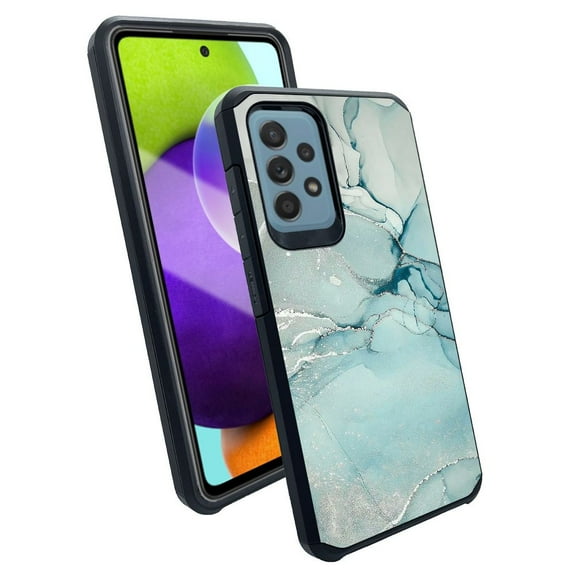 ANJ Slim Dual Layer Shockproof Case Tempered Glass Cover for Samsung Galaxy A52 5G - Green Marbling