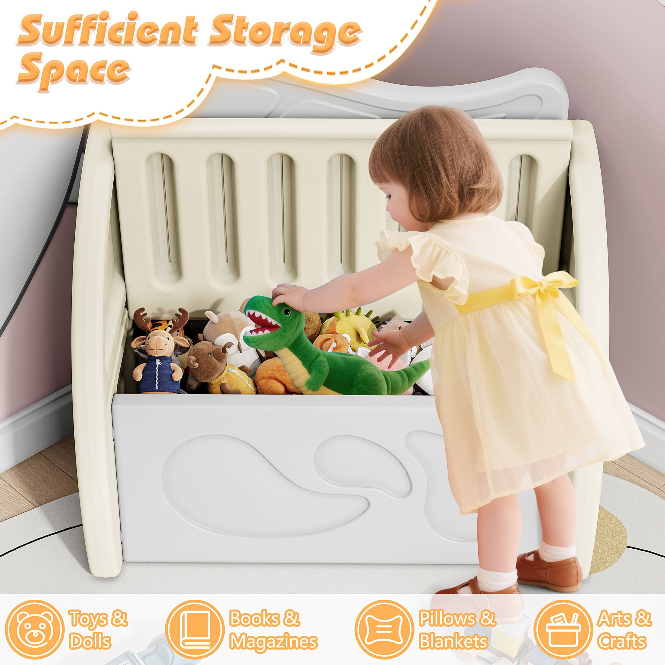 PAPROOS Kids Toy Box, Cute Toy Chest Organizer with Seating Bench and Sliding Door, Toy Storage Chest for Girls Boys, Modern Toy Storage Cabinet for Playroom, Living Room, Bedroom, Beige+Light Gray