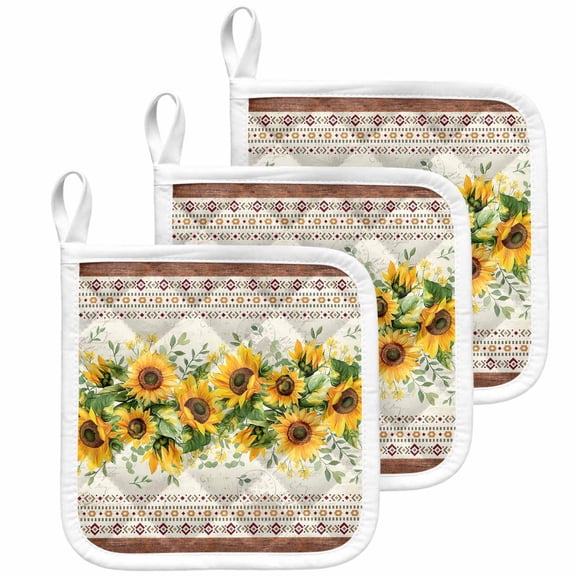 Sunflower Brown Pot Holders for Kitchen Heatproof Potholder, 3 Pack Retro Southwest Country Plant Leaf Floral Hot Pads Multipurpose Oven Pads Cloth Potholders Trivet for Cooking Baking
