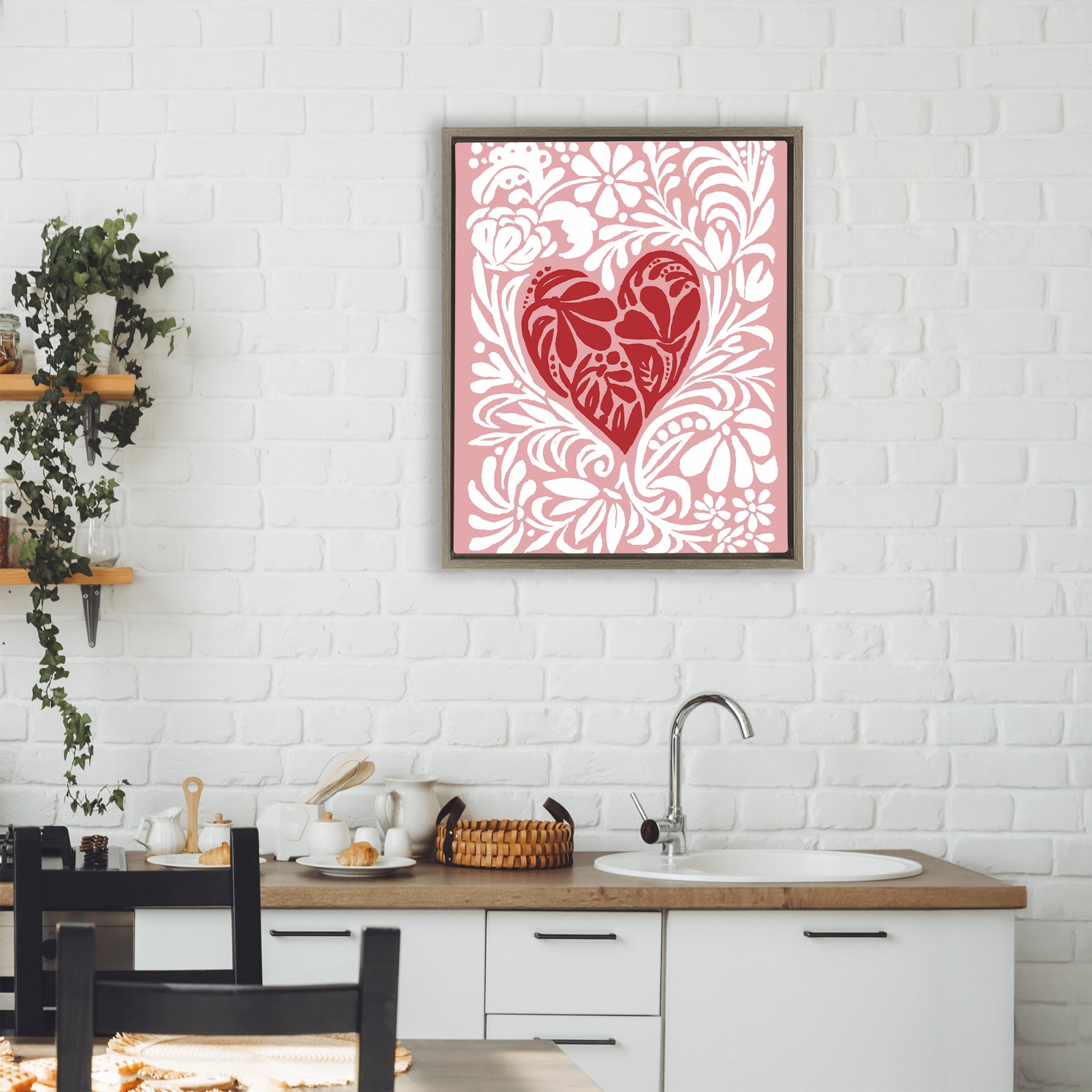 Stupell Industries Red Leafy Heart on Pink Brown Framed Floater Canvas Wall Art, design by Cindy Jacobs