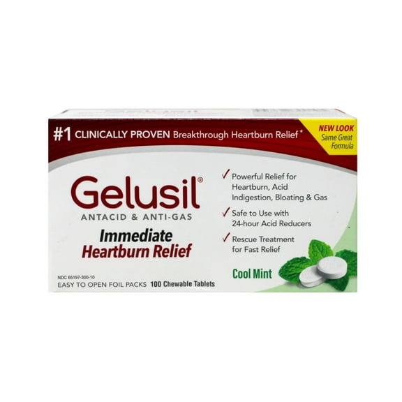 Gelusil Antacid & Anti Gas Tablets for Heartburn Relief, Acid Reflux, Bloating and Gas, Cool Mint - 100ct Blister Pack