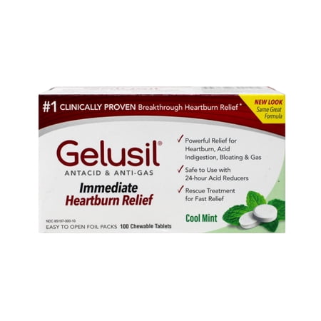 Gelusil Antacid & Anti Gas Tablets for Heartburn Relief, Acid Reflux, Bloating and Gas, Cool Mint - 100ct Blister Pack