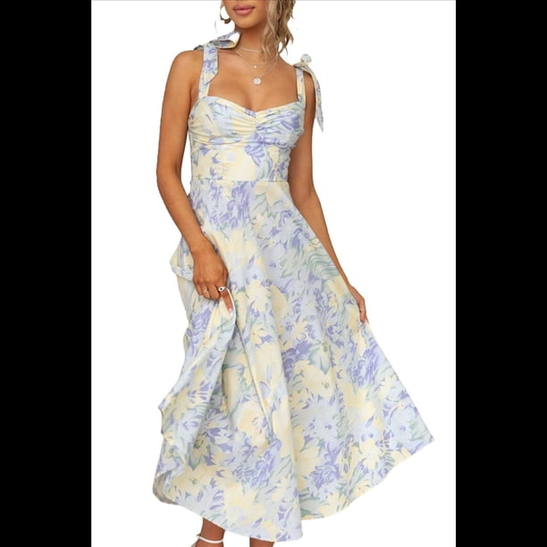 Vestidos Elegantes para Mujer, Sin Mangas, con Cuello en V, Estampado, , Informal, Plisado, Corte A, Túnica de Verano, Maxivestido Lencero Azul L