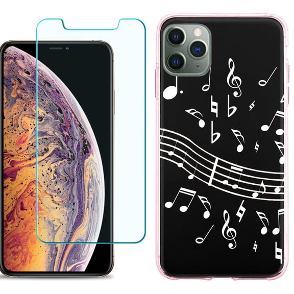 For Apple iPhone 11 Pro Max Case , Slim-Fit TPU Protective Phone Case (Pink Bezel) with Tempered Glass Screen Protector, by OneToughShield ® - Music Notes / Black