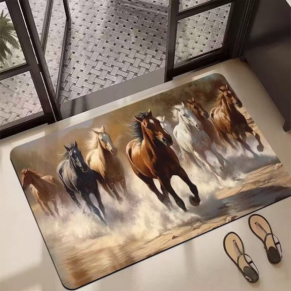 Diatomaceous Earth Bath Mat Fast Drying Non-Slip 16x24 Inch, Horse Print Absorbent Bathroom Rug Easy Clean for Kitchen Laundry Room